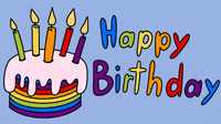 Text gif. We see a rainbow cake with rainbow candles and rainbow letters next to it. Text,